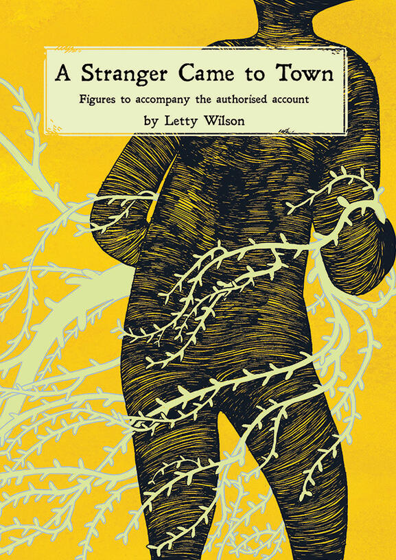 ink drawing of a forest of strange gnarled trees, with a gnome standing in the foreground with one hand on a tree trunk